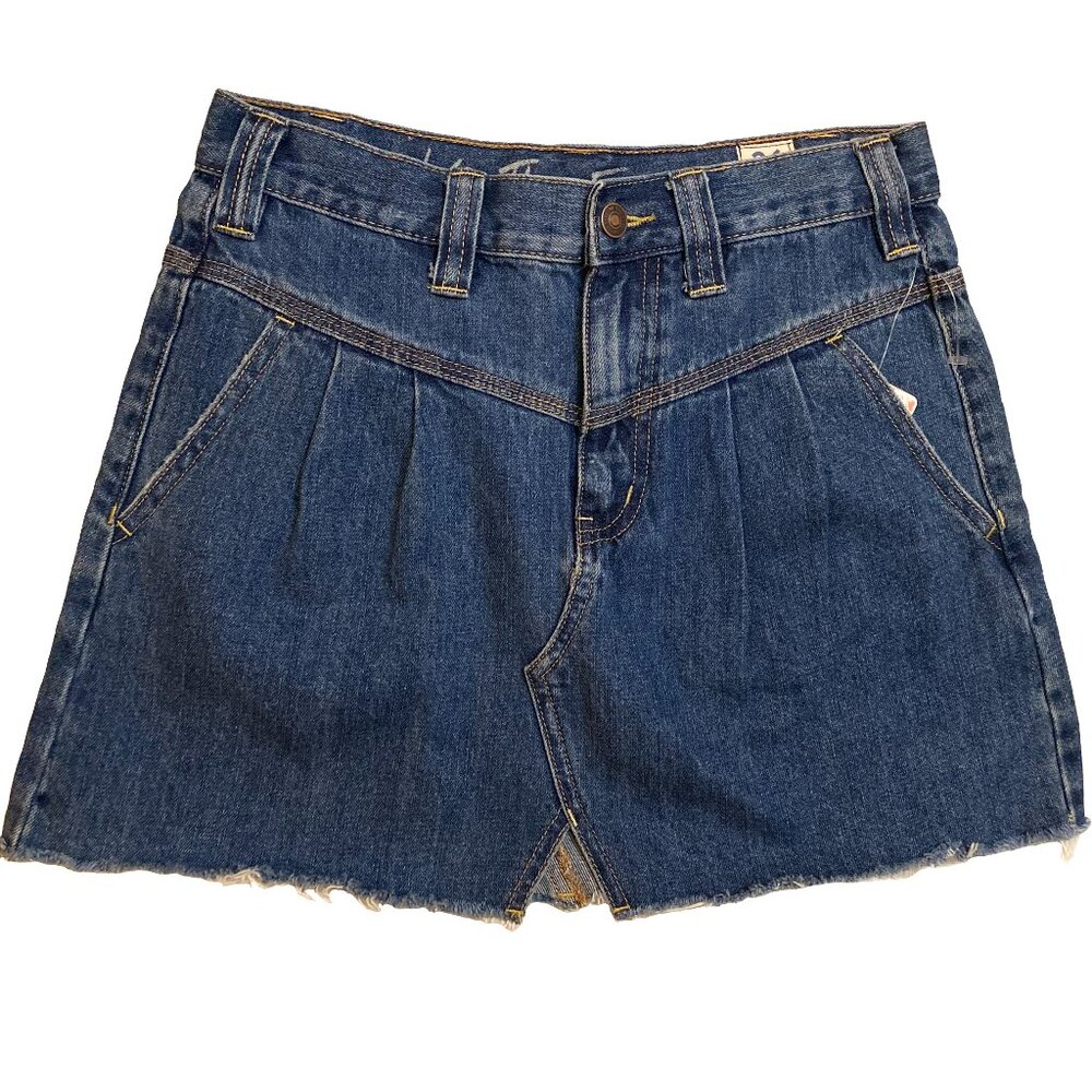 Free People We The Free Saratoga Blue Pleated Frayed Hem Distressed Denim Skirt